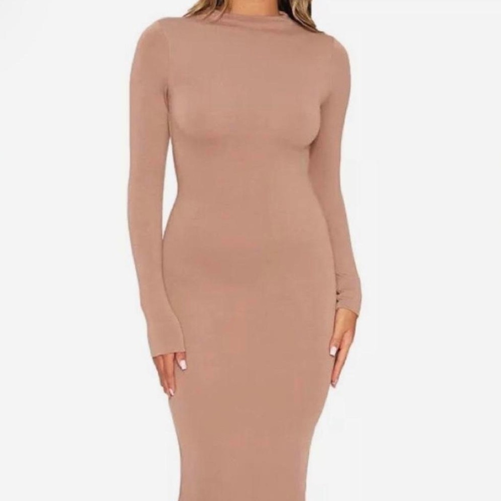 Cream Bodycon Long Sleeve Dress with Mock Neck for Casual Work